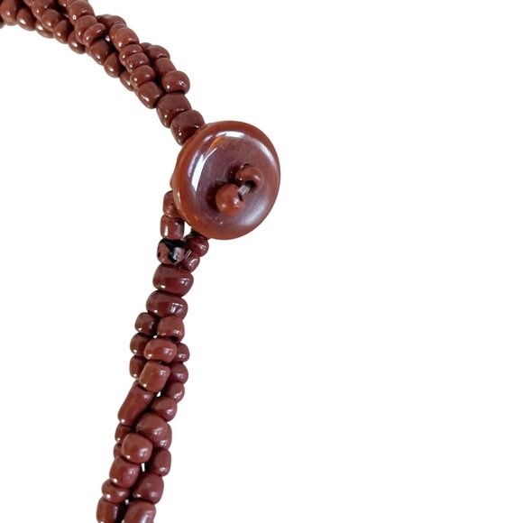 Vtg Inlaid Abalone & Mother of Pearl on Brown Multi Strand Seed Beaded Necklace - Picture 5 of 8